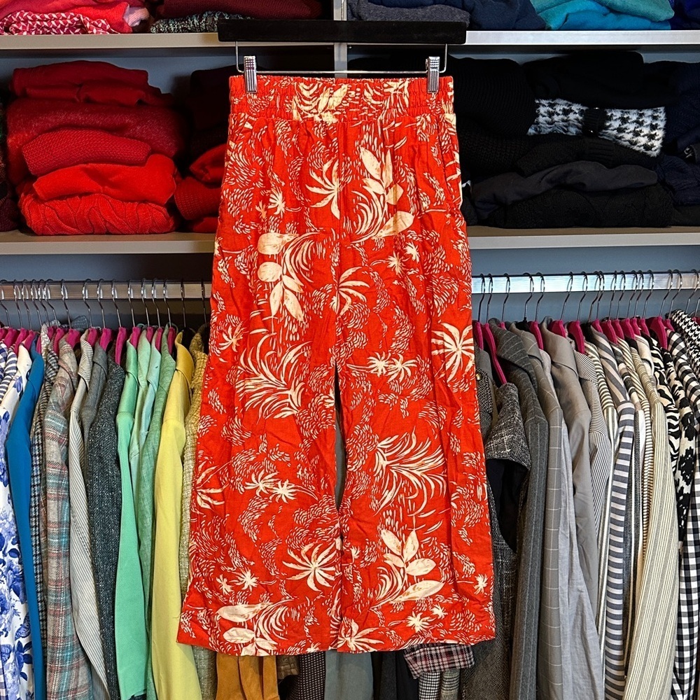 Christian Siriano red/cream print elastic waist cropped wide leg pants size S